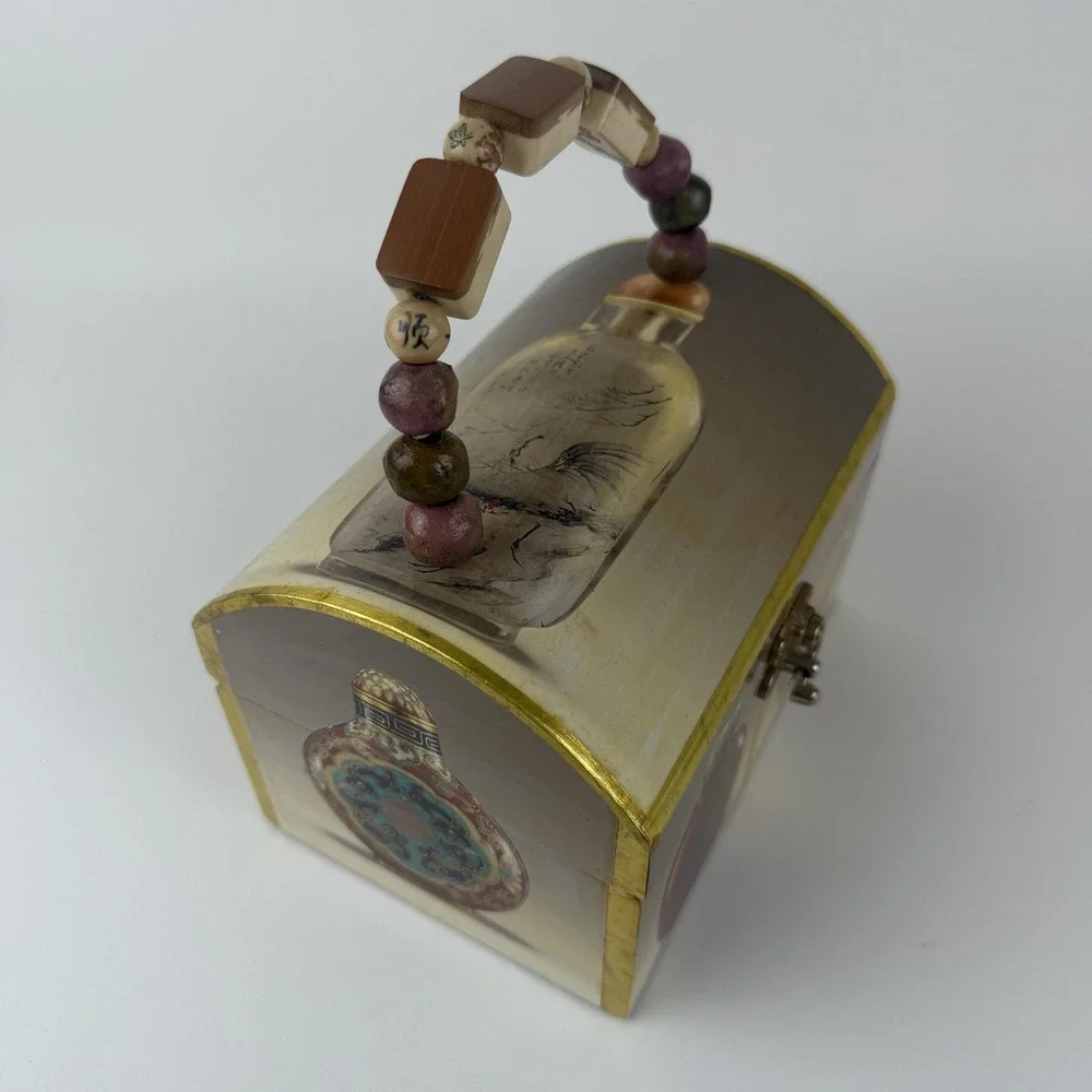 Beaded Handle Wooden‎ Jewelry Trinket Box Asian Snuff Bottle Print Hinged Latch